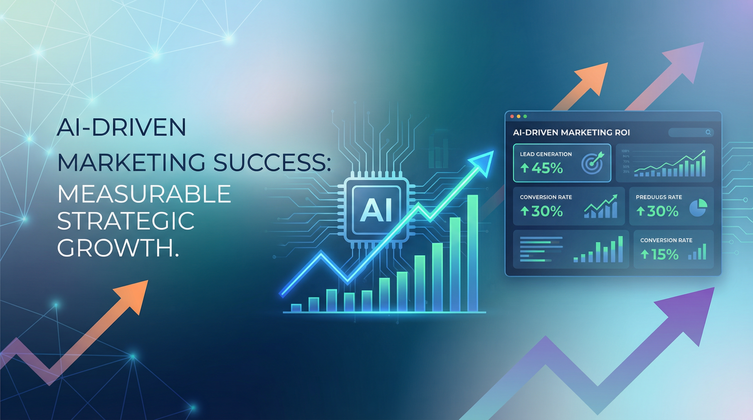 Professional dashboard showing AI marketing ROI metrics with AI-powered analytics, growth charts, and marketing automation tools for 2026