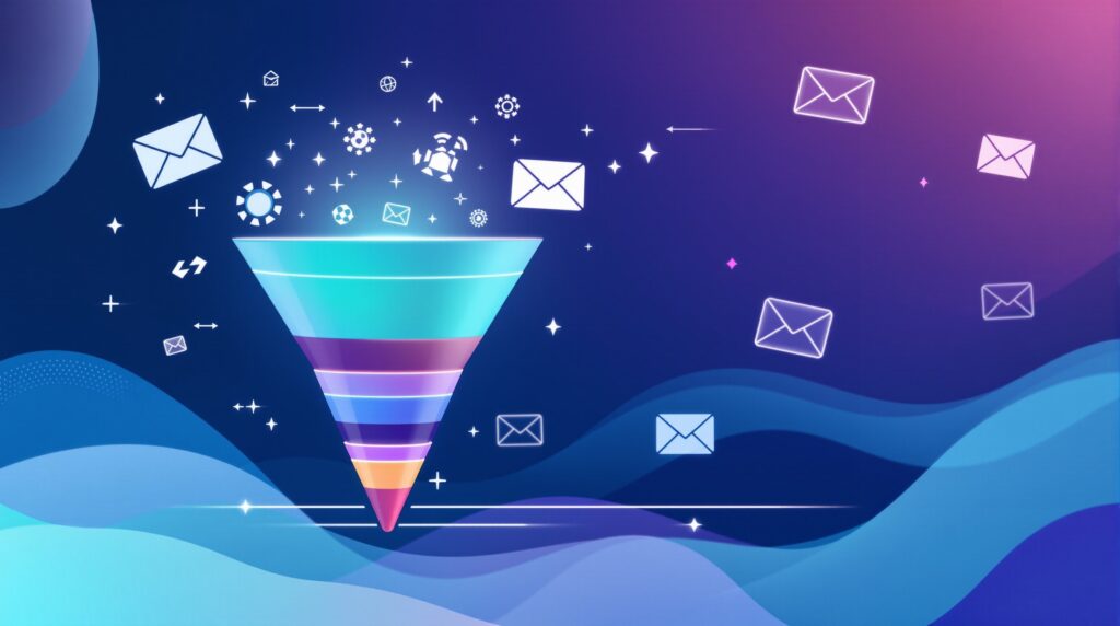 Professional email marketing funnel visualization showing email marketing funnels with conversion stages, automation workflow, and customer journey mapping