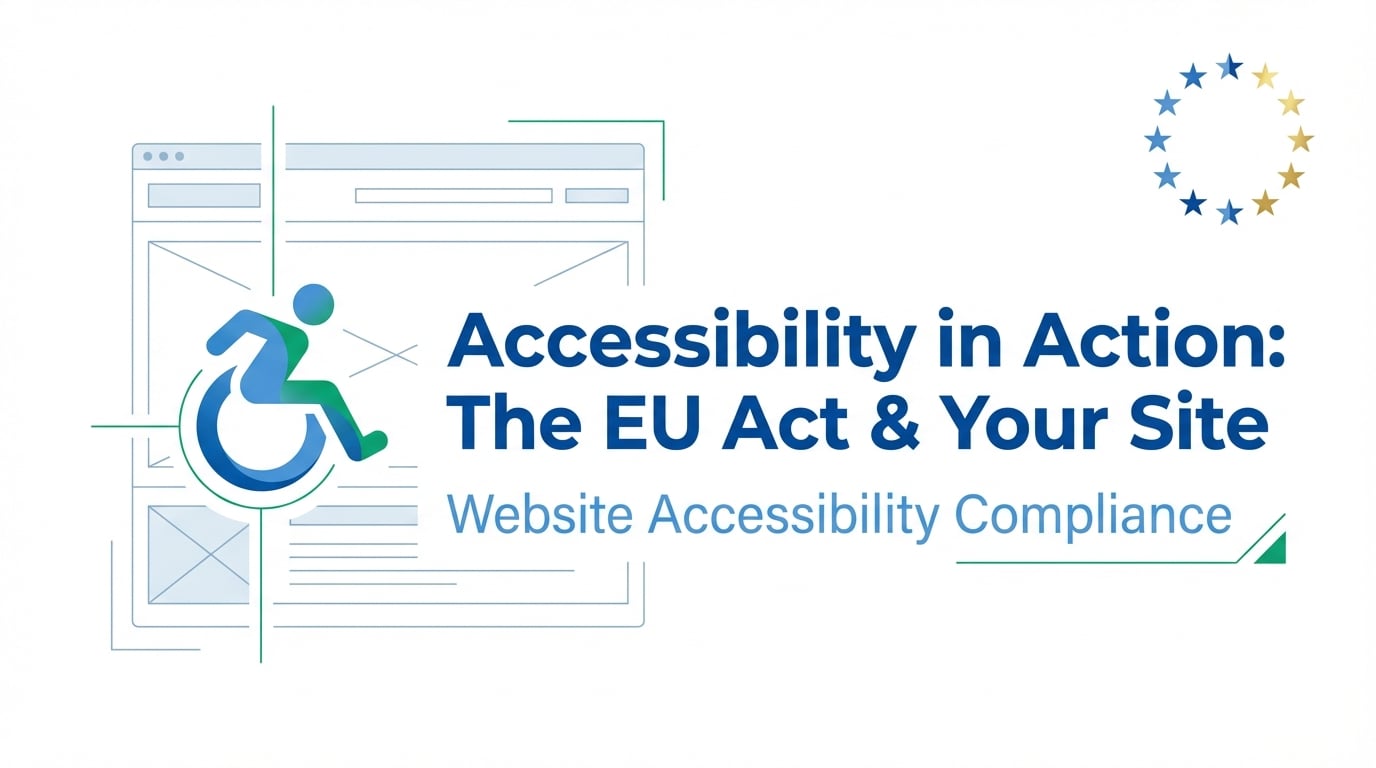 Professional guide to European Accessibility Act compliance for digital marketing websites, featuring accessibility icons and website interface elements