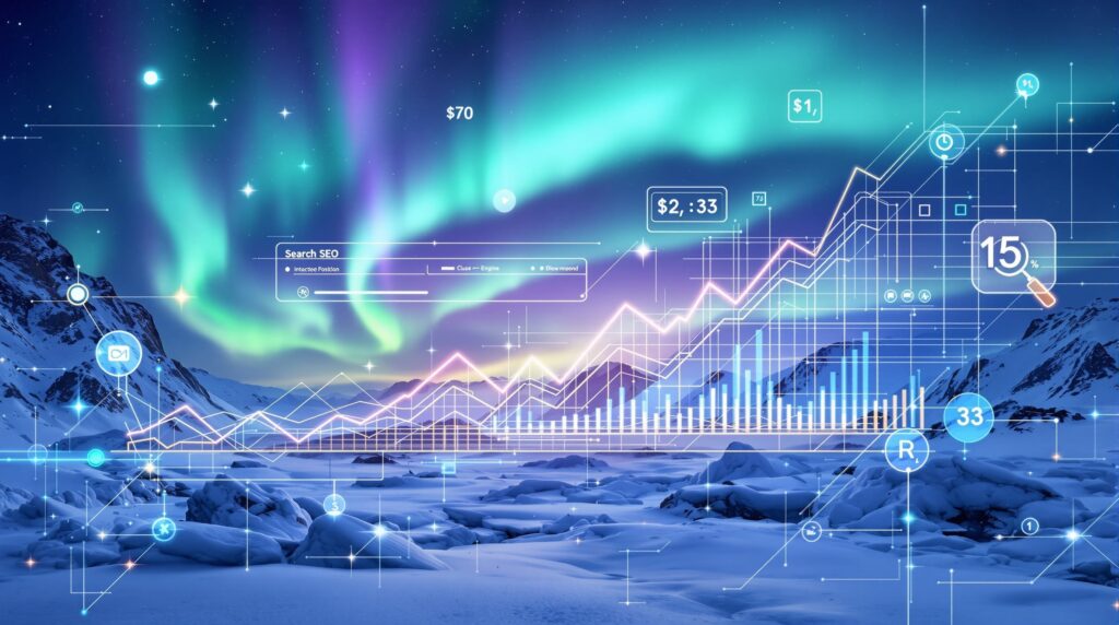 Arctic SEO strategy visualization showing northern lights over mountains with digital marketing analytics and search ranking indicators for arctic seo