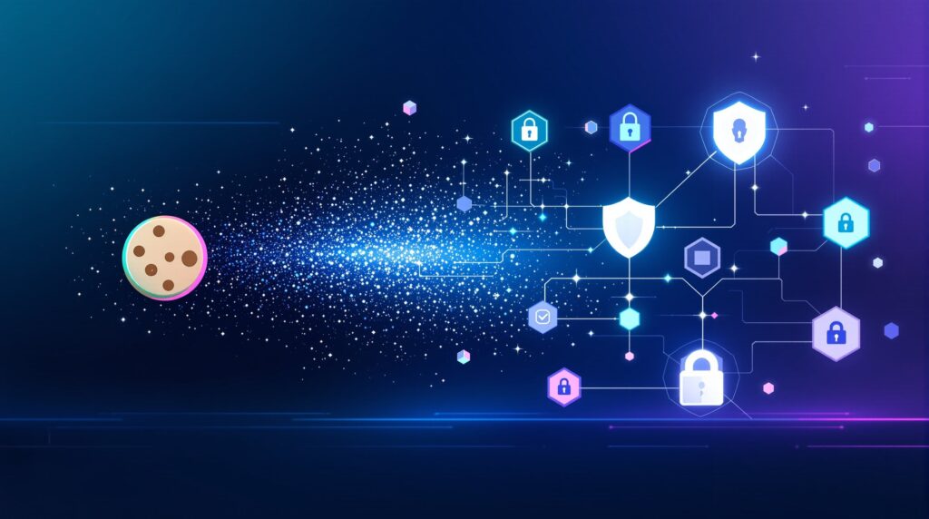 Professional digital marketing strategy illustration showing post-cookie marketing concepts including first-party data, contextual advertising, and privacy-first approaches for 2026