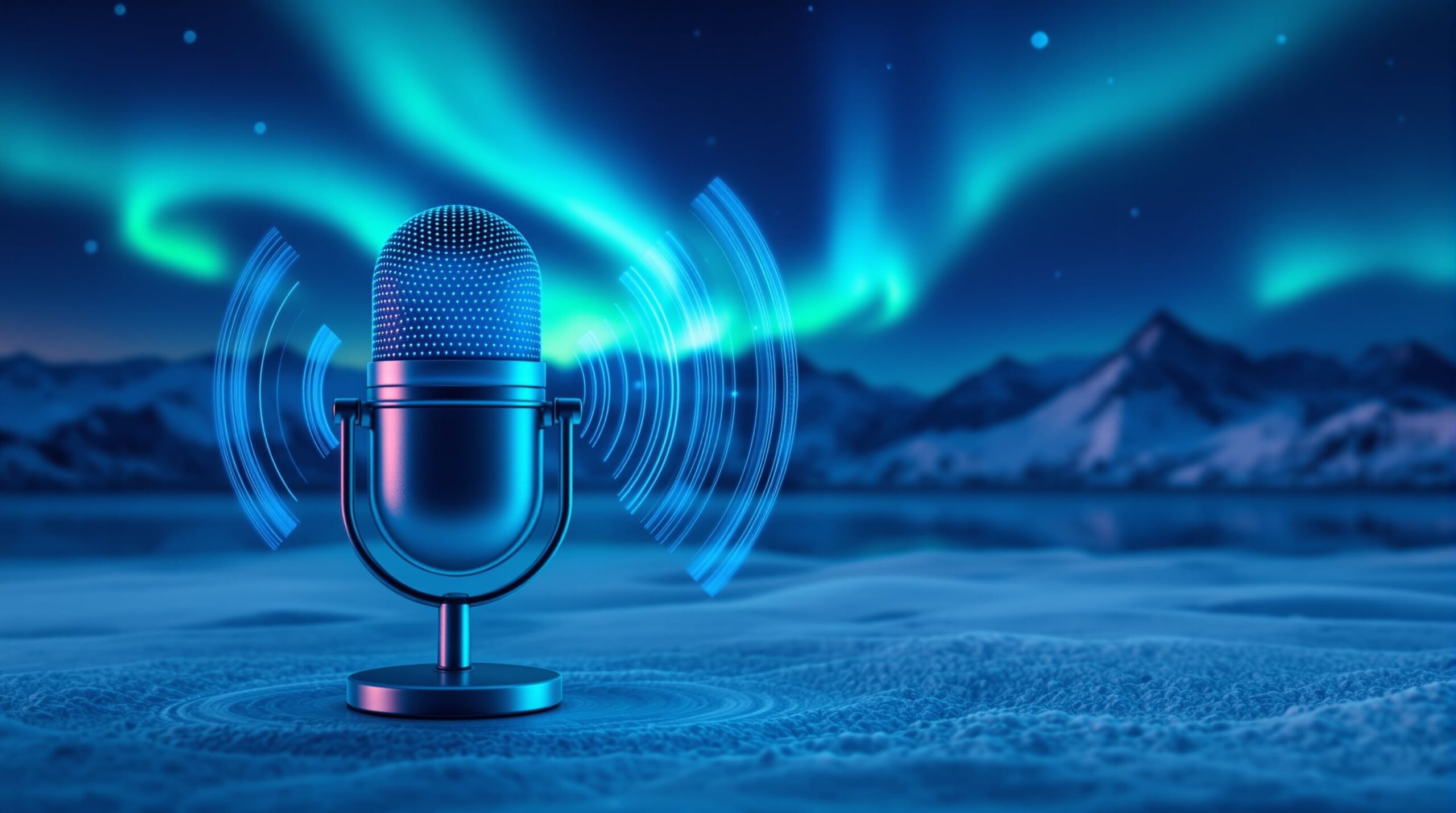 Professional illustration showing voice search optimization for Arctic and northern markets with microphone icon, sound waves, and northern lights background