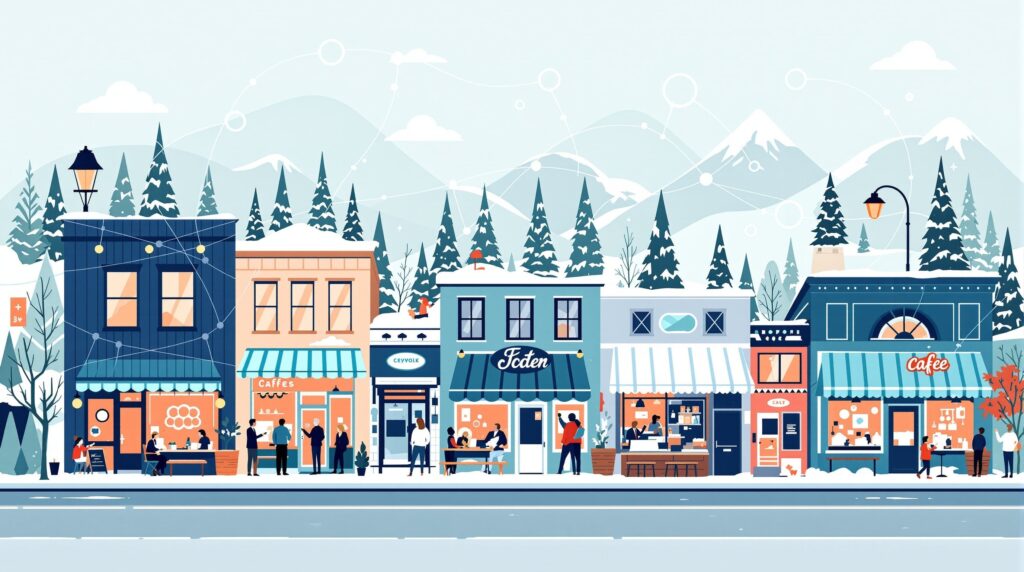 Hyper-local community marketing strategy illustration showing connected local businesses and community engagement in 2026