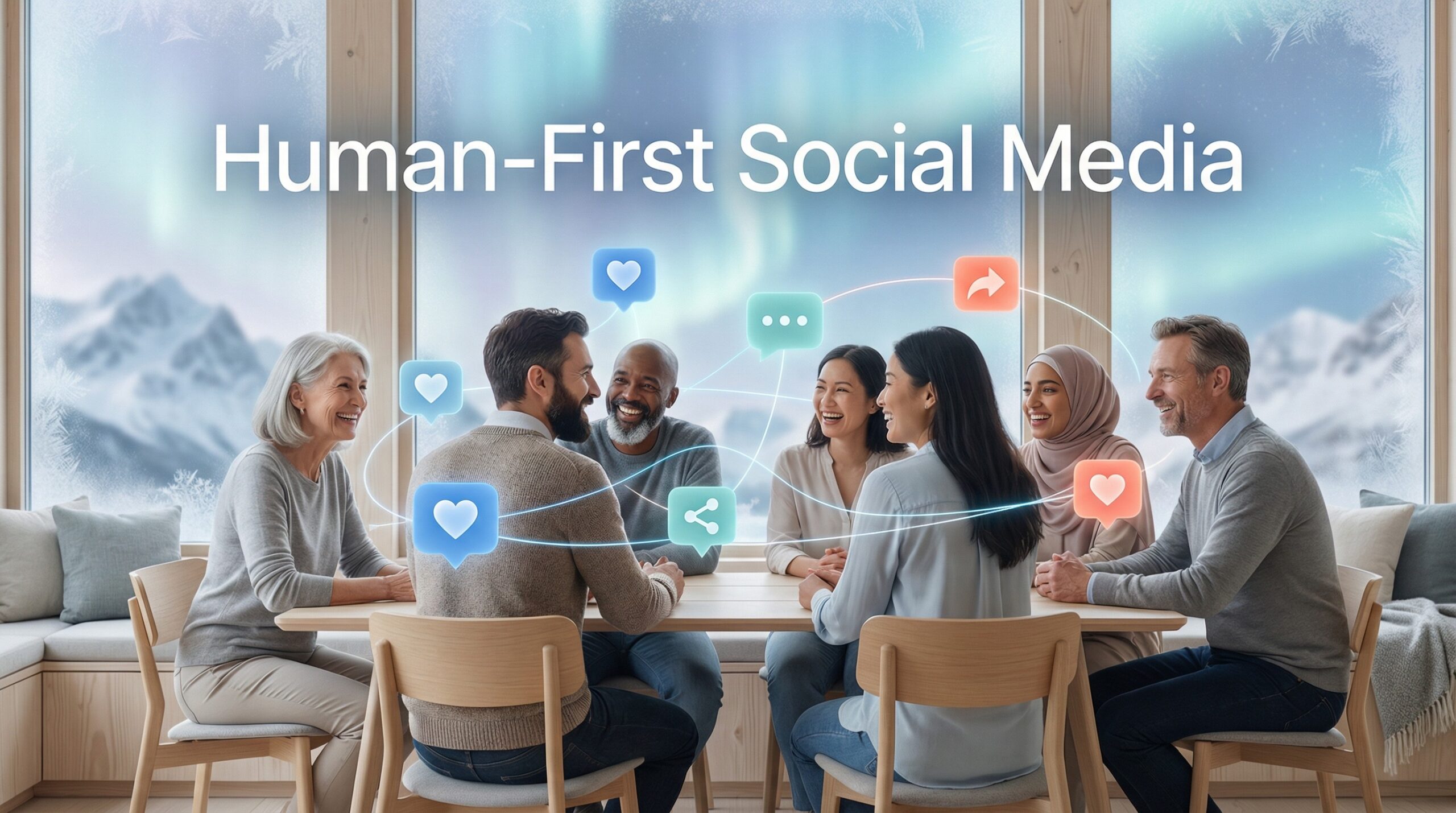 Professional illustration showing human-first social media strategies for cold-climate brands with Nordic aesthetic and social media icons