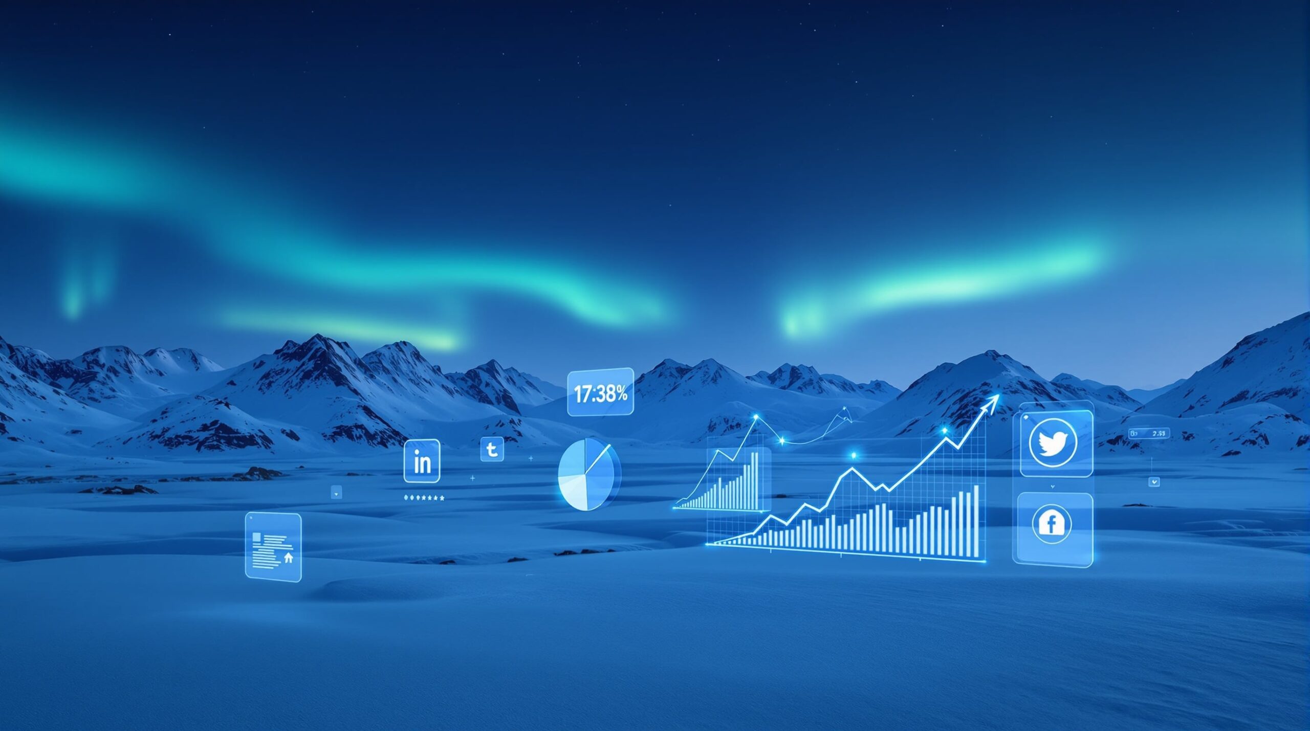 Content marketing strategy for northern and cold-climate brands featuring Arctic landscape with digital analytics overlays