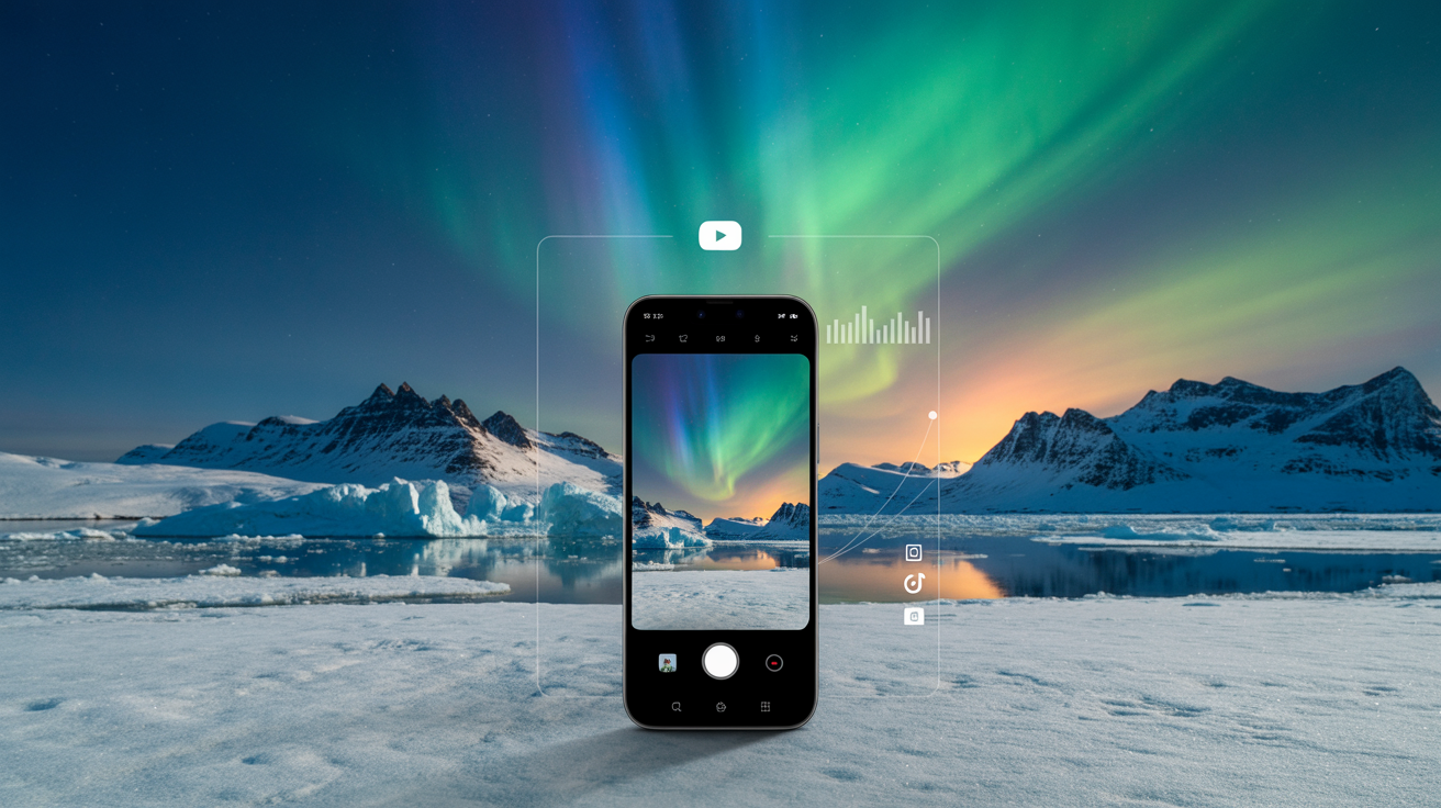 Arctic business owner filming northern landscape with smartphone for video marketing strategy in 2026