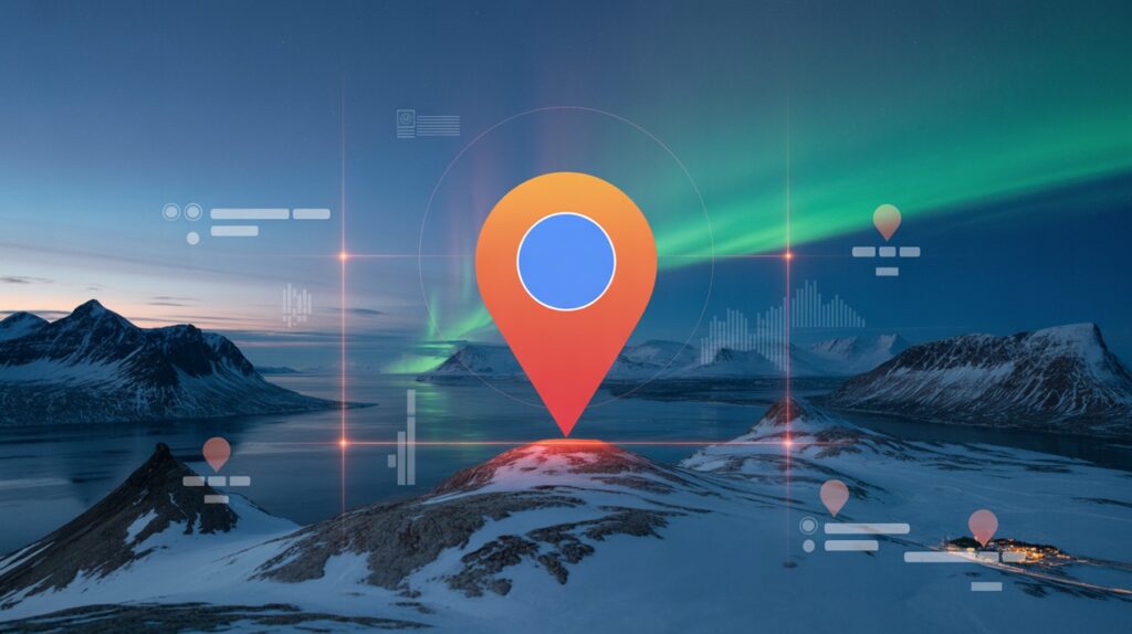 Google Business Profile optimization for remote northern businesses showing a map pin over an Arctic landscape with digital marketing overlays