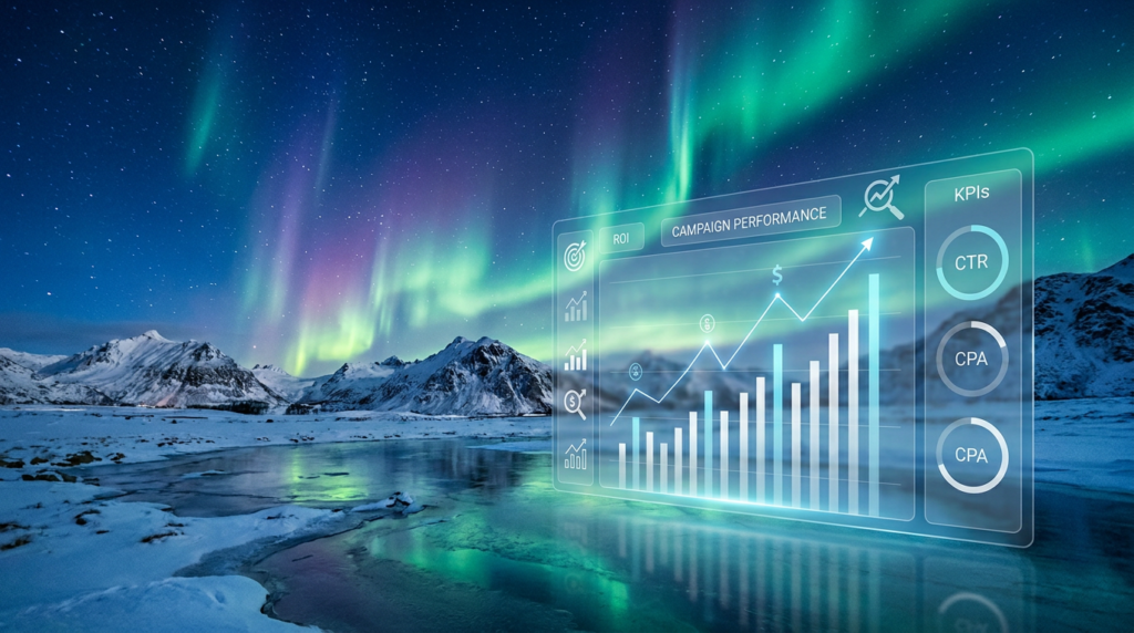 Paid advertising strategy dashboard for northern markets with Arctic aurora borealis background and ROI analytics