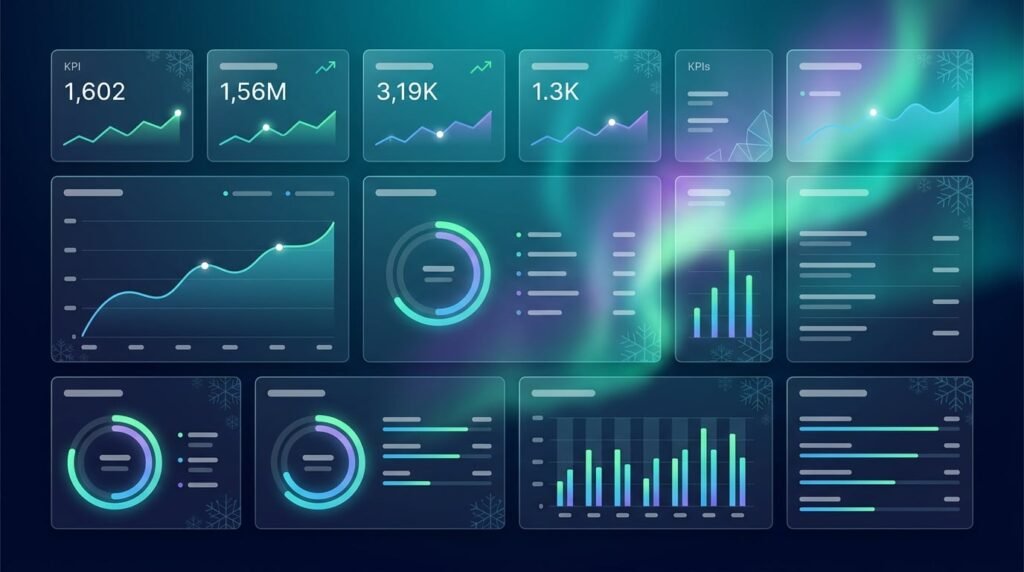 Northern marketer's analytics dashboard showing 9 revenue-focused marketing KPIs for 2026 with Nordic aurora-inspired design