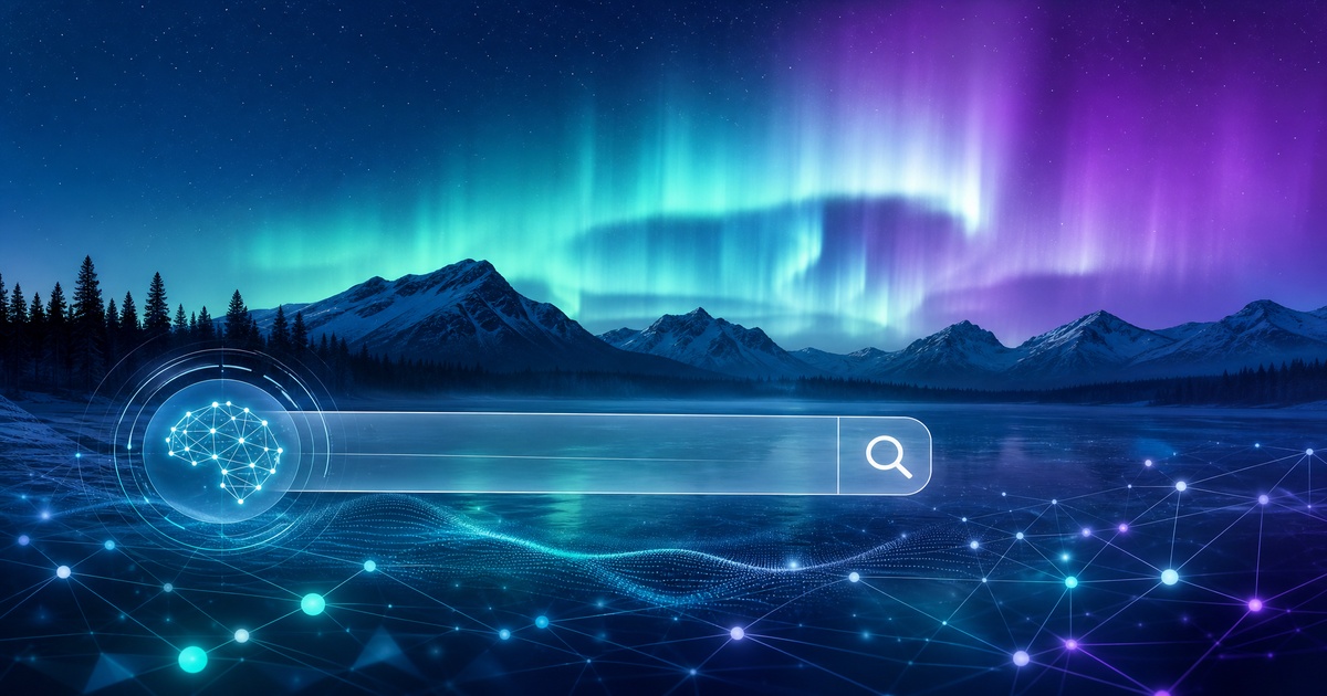 Arctic business owner using AI search optimization strategy with aurora borealis and digital network elements in the background
