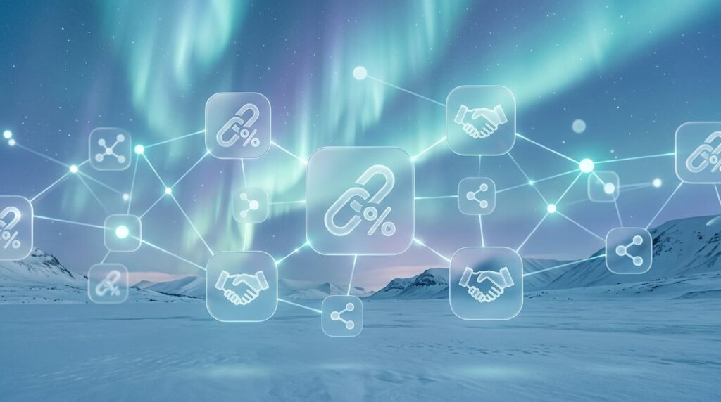 Affiliate marketing partner network for northern and Arctic brands showing connected nodes and collaboration icons against a northern lights background