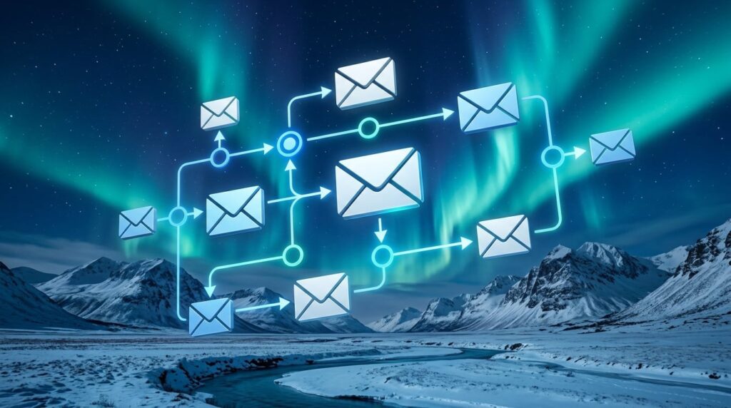 Email automation workflow for remote and northern businesses showing connected email icons with Arctic aurora borealis background