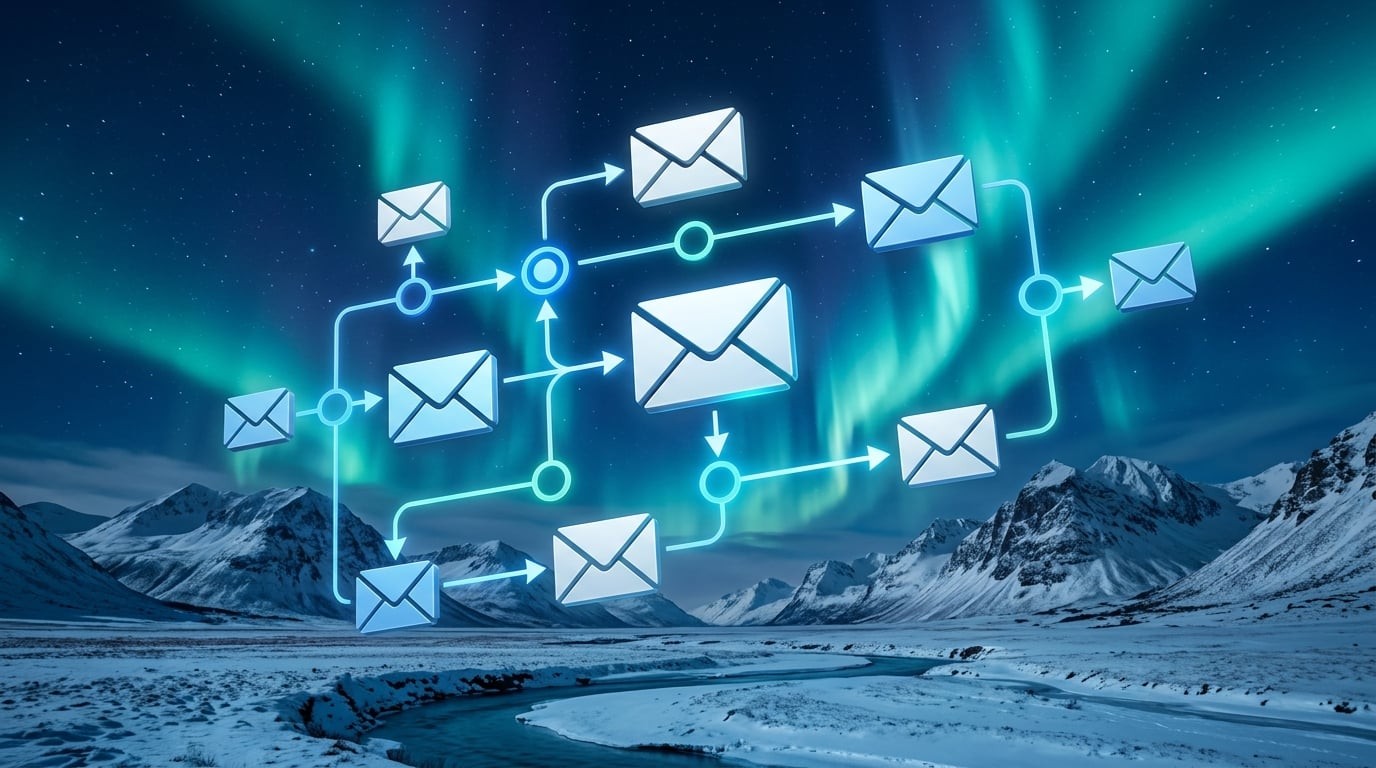 Email automation workflow for remote and northern businesses showing connected email icons with Arctic aurora borealis background
