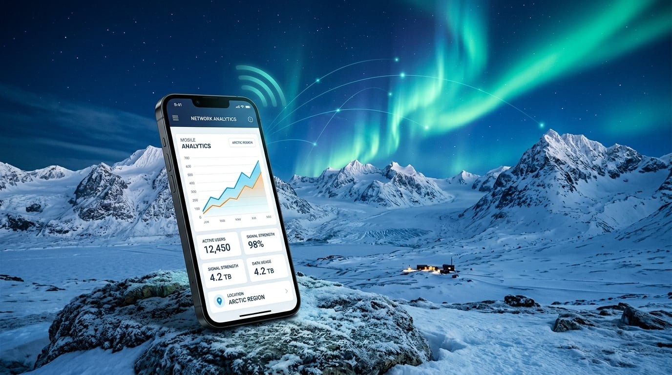 Mobile marketing strategy for Arctic and northern businesses in low-connectivity regions, showing smartphone analytics with aurora borealis background