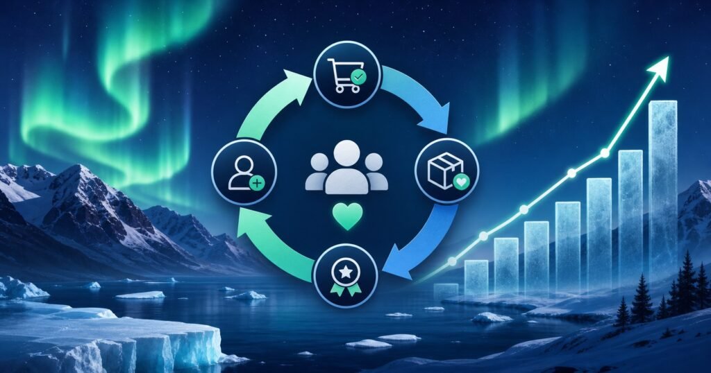 E-commerce customer retention strategy for northern and remote businesses showing loyalty loop and growth trend with Arctic color palette