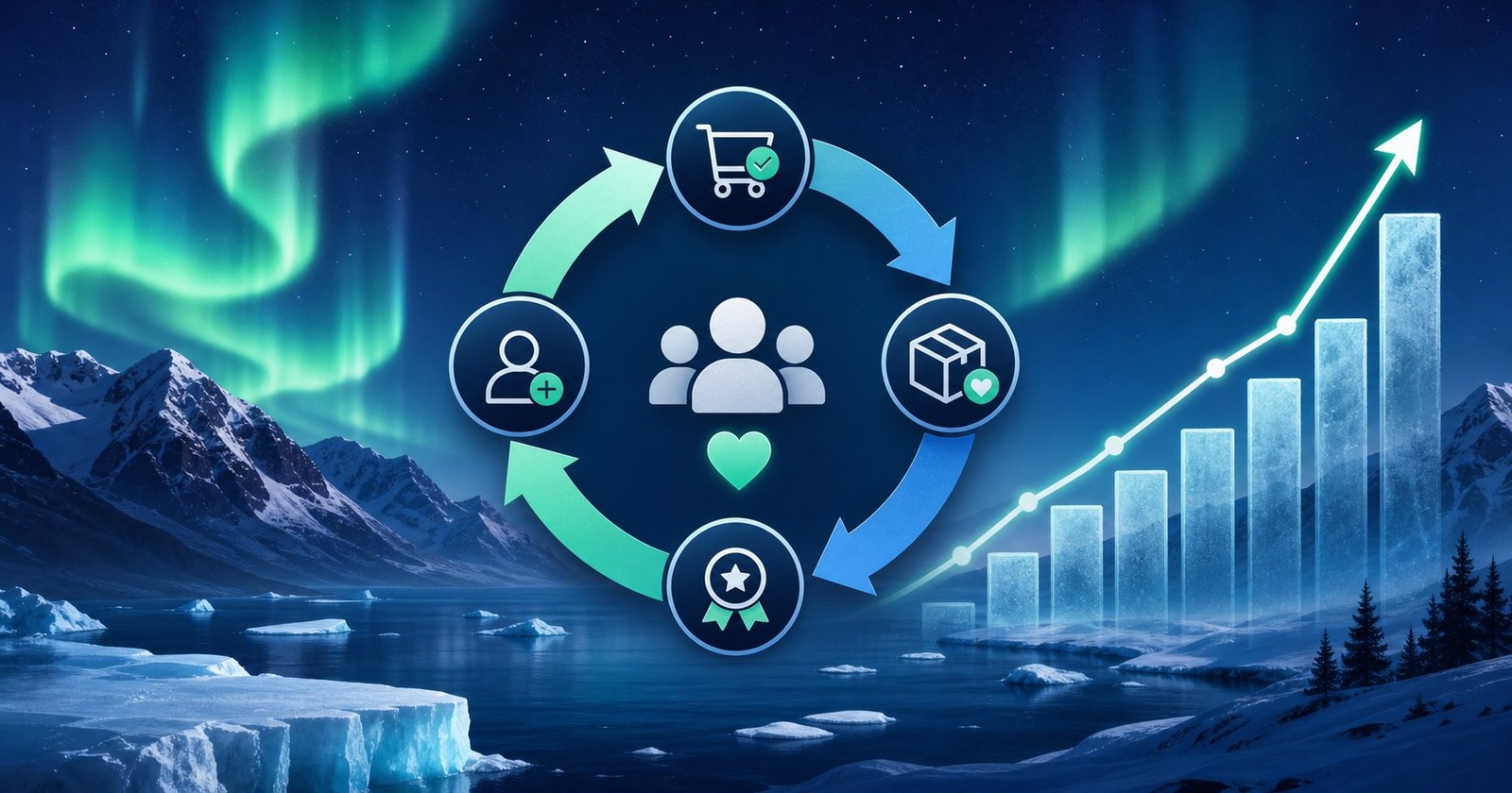 E-commerce customer retention strategy for northern and remote businesses showing loyalty loop and growth trend with Arctic color palette