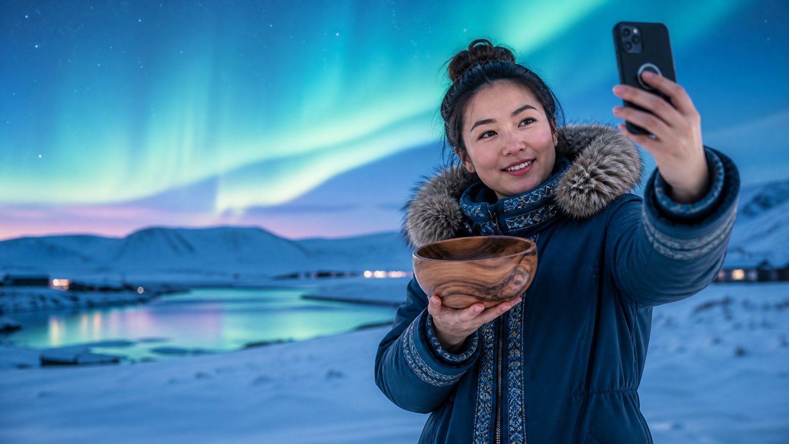 Arctic small business owner filming a product on smartphone for TikTok discovery in a snowy northern landscape