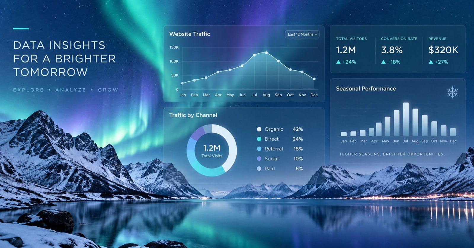 Analytics dashboard showing seasonal demand trends for northern businesses with arctic landscape backdrop