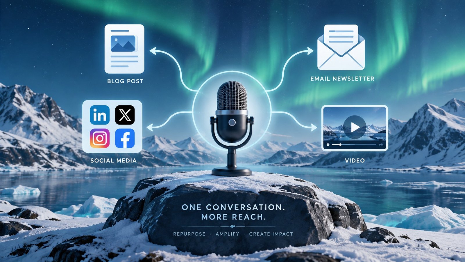 Content repurposing workflow for northern small businesses showing one interview branching into blog, email, social media, and video formats