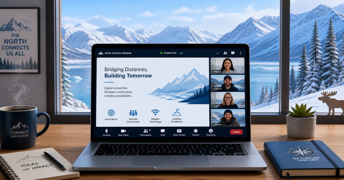 Low-bandwidth webinar setup for remote northern audiences showing a laptop with webinar interface against an arctic landscape