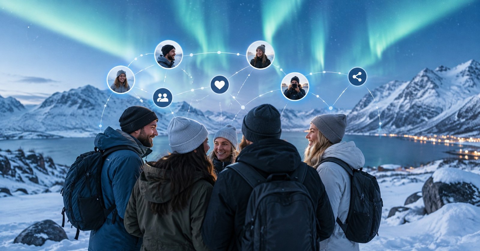 Nano-influencer marketing for northern businesses showing community network connections with Arctic landscape background
