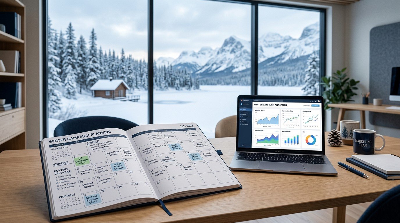 Winter marketing campaign calendar for northern businesses showing seasonal planning with Arctic landscape backdrop