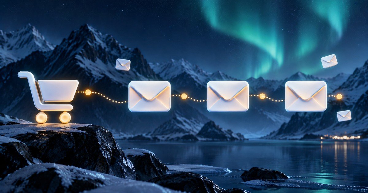 Abandoned cart email sequence diagram for a northern gear retailer showing three-step email confidence flow with arctic mountain backdrop