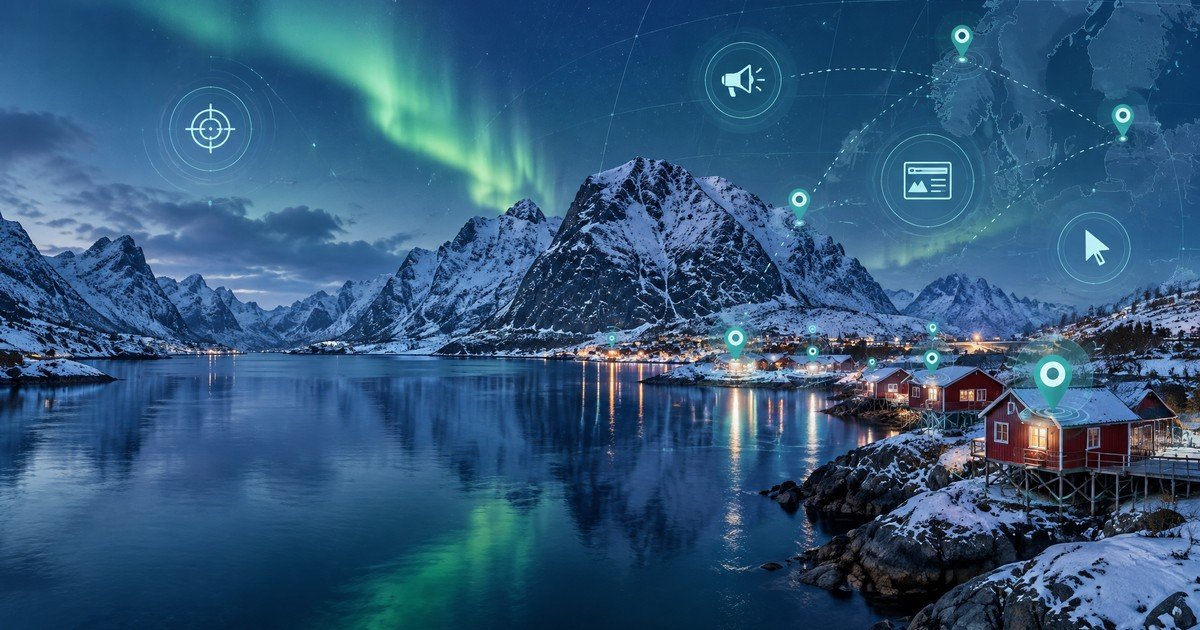 Arctic fjord village with digital map pins and targeting circles illustrating geotargeted ads for rural tourism