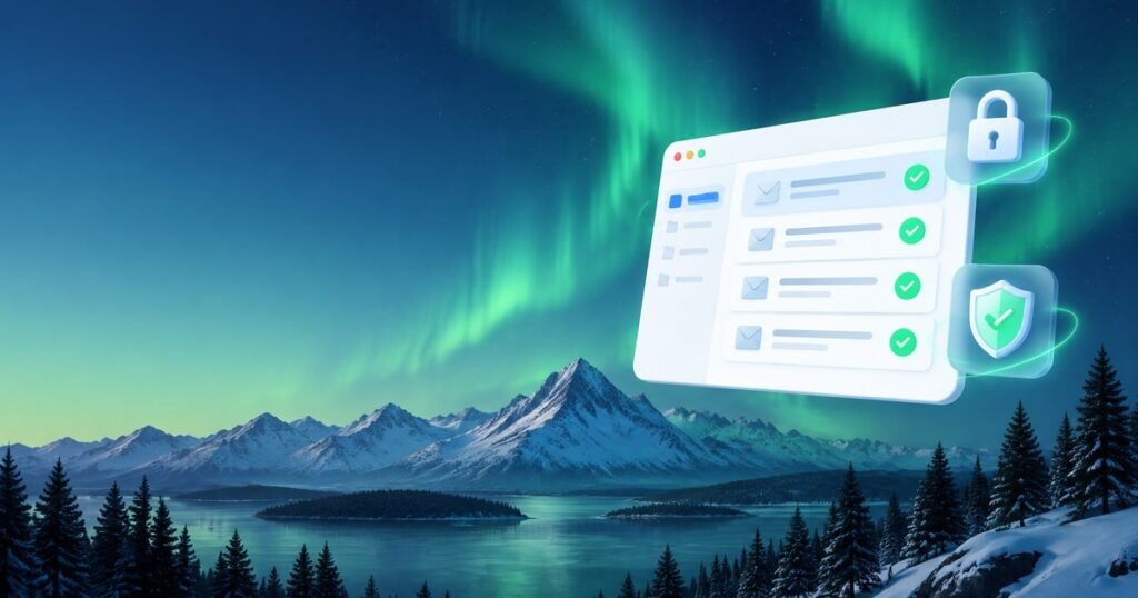 Gmail sender requirements checklist illustration showing email inbox with green checkmarks and security lock and shield icons over an aurora borealis northern landscape