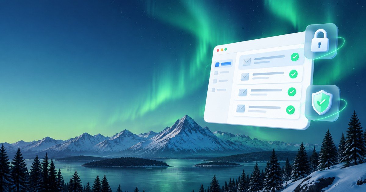 Gmail sender requirements checklist illustration showing email inbox with green checkmarks and security lock and shield icons over an aurora borealis northern landscape