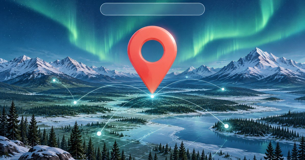 Map location pin over a northern mountain and forest landscape illustrating Google Business Profile optimization for rural businesses