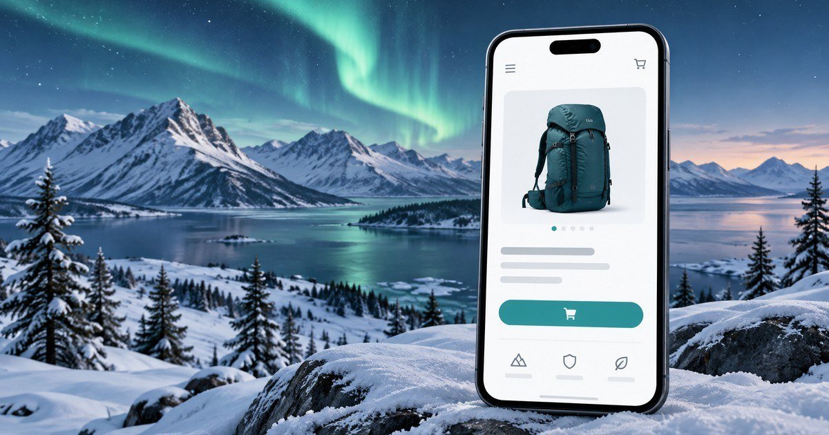 Smartphone displaying a lightweight mobile ecommerce storefront against a snowy Arctic landscape with northern lights, illustrating low bandwidth ecommerce mobile optimization