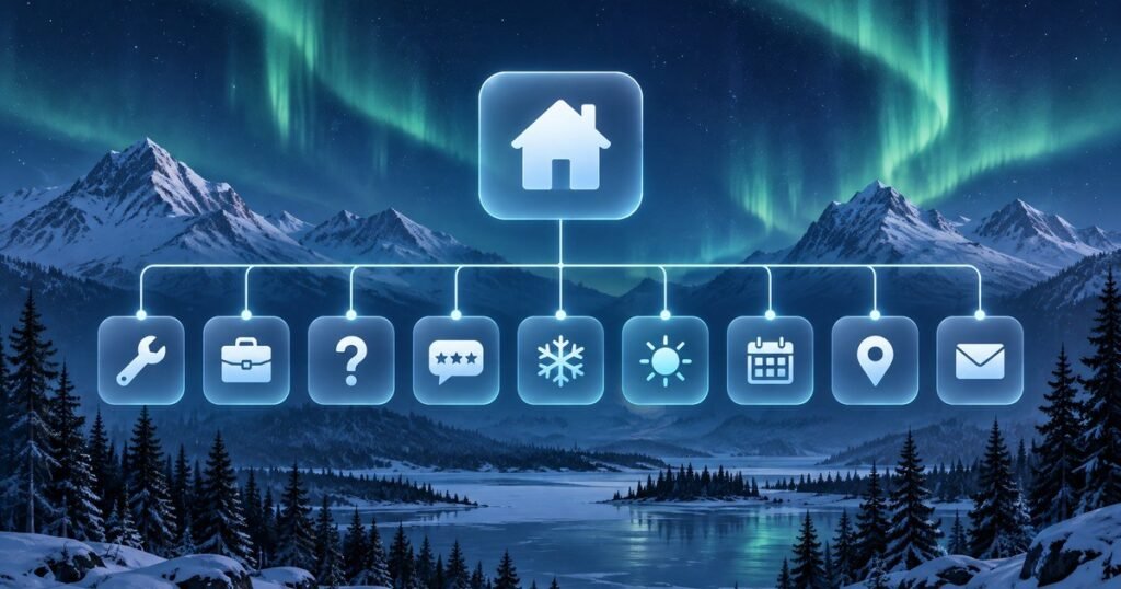 Website sitemap diagram showing 9 essential SEO pages for remote and rural businesses with northern landscape background — SEO content strategy for rural businesses