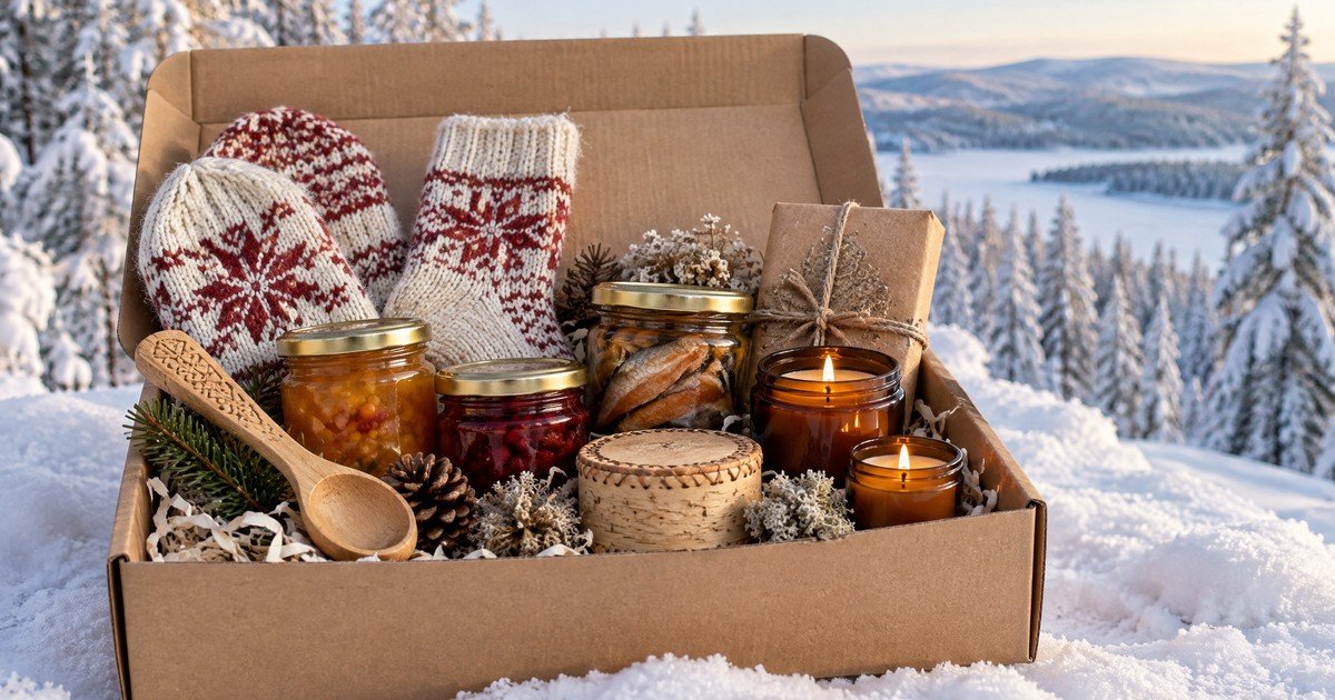 Curated subscription box filled with Arctic artisan products including jams, wool goods, and candles set against a snowy northern landscape