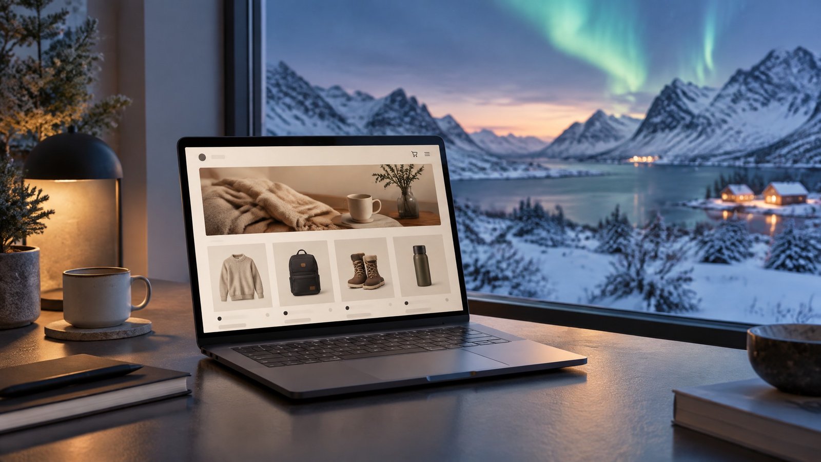 Weather-responsive ecommerce merchandising dashboard for cold-climate retailers showing seasonal product adjustments on a laptop with Arctic winter background