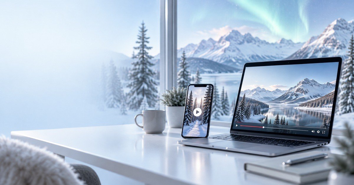 YouTube content strategy for cold climate businesses – short clips on a phone versus long-form guides on a laptop with a snowy northern landscape